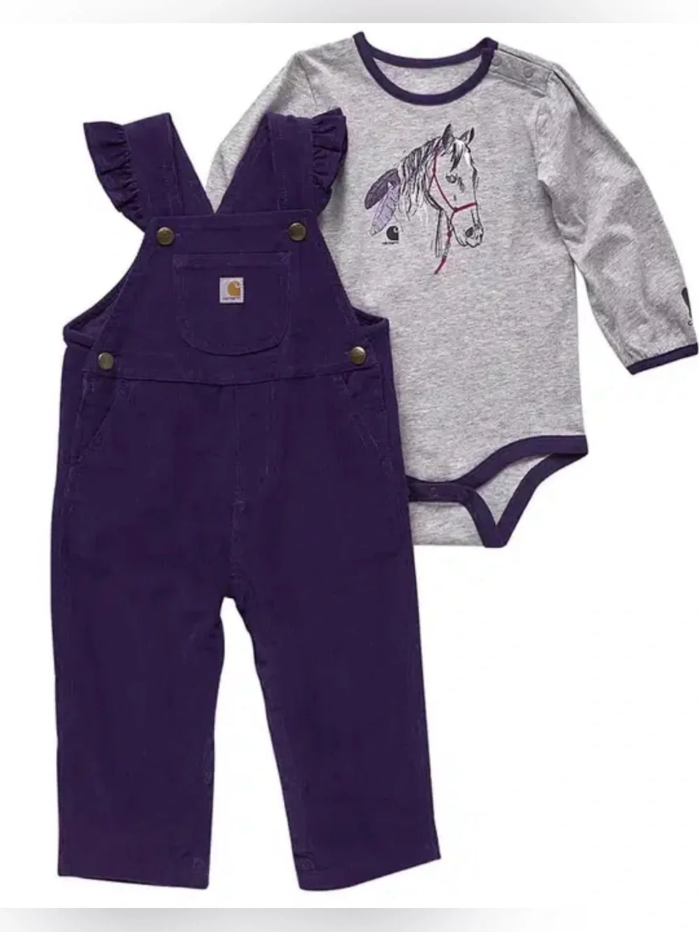 Carhartt Purple Corduroy Overalls with Gray Horse Bodysuit
